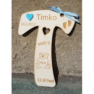 Wooden letter with birth details height 20cm - T - Timko