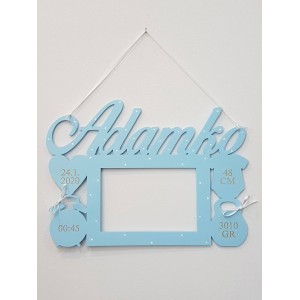 Wooden photo frame with name and birth details, color blue