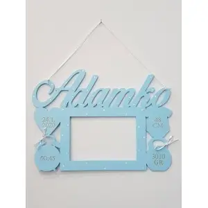 Wooden photo frame with name and birth details, color blue