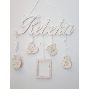 5 hängende Accessoires mit Namensfarbe türkis-weiß | LYMFY.sk | Name mit Geburtsdaten – Name an der Wand