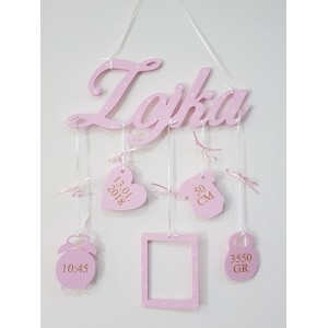 5 hanging accessories labeled with the color name light pink