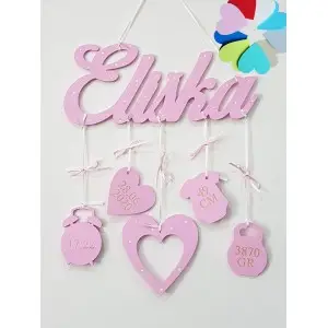 5 hanging wooden name hearts