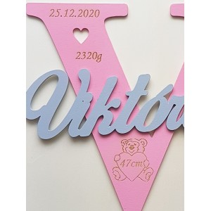 Drevené písmeno s menom a údajmi cca 30cm - Viktória 2
