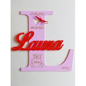 Wooden letter with name and data approx. 30 cm - Laura