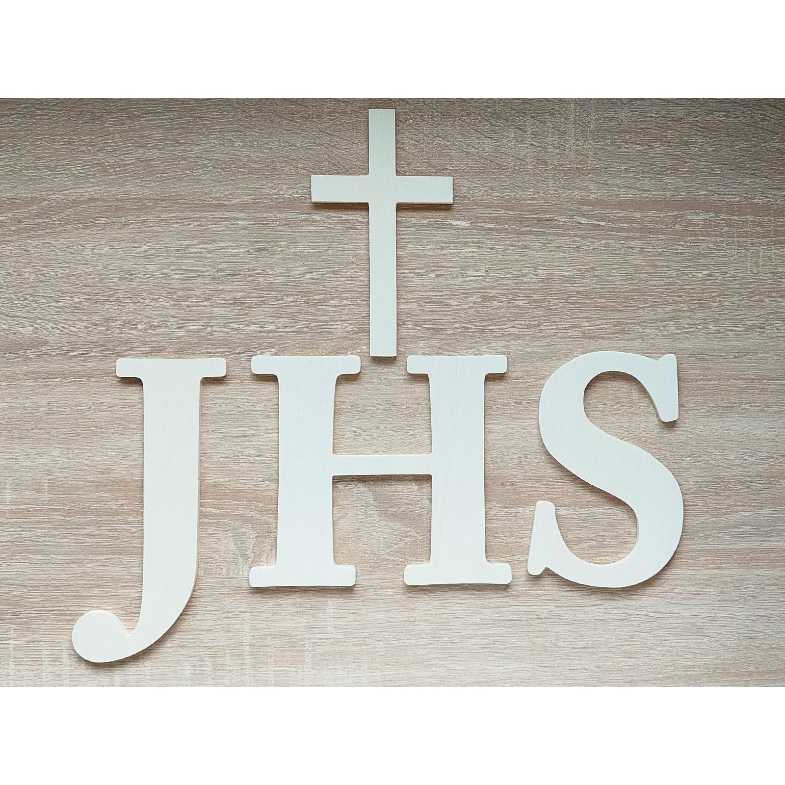 Wooden Christian inscription - JHS and a cross, width 42 cm