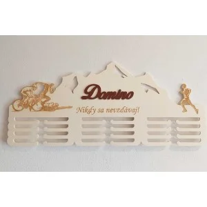 80 cm Holzmedaillenhalter mit Lasergravur und dem Namen - Domino