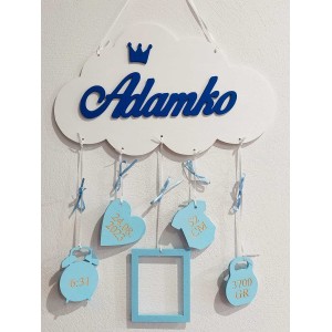 Name on the little cloud Adam with birth details 35cm