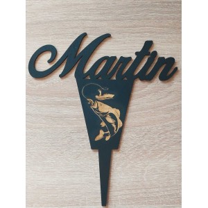 Wooden custom-made fishing rod holder with the name Martin, width 15cm, painted in black