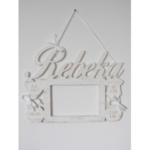 Hanging photo frame with name, color white patina