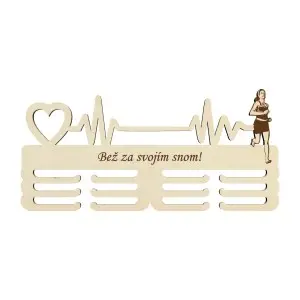 Holzmedaillenhalter mit Lasergravur 45 cm lang und Herzschlag