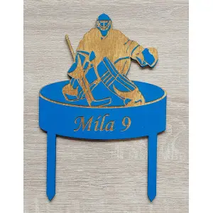 Wooden hockey goalkeeper figurine width 13cm painted - royal blue