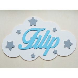 Wooden name on a cloud + stars, width 50 cm