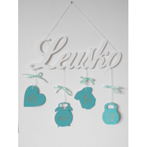 Wooden sign with the information in white-turquoise color