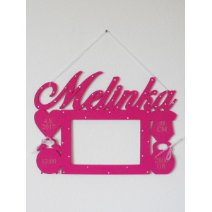 Wooden photo frame, gift for a baby, cyclamen color