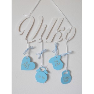 Holzname mit den Daten Farbe weiß-blau