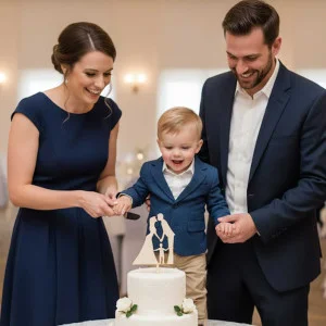 Wooden stake of newlyweds with a child 2