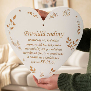 Drevená tabuľka srdiečko 35cm-Pravidlá rodiny NA MIERU