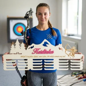80cm wooden medal hanger with laser engraving and the name Archery 2