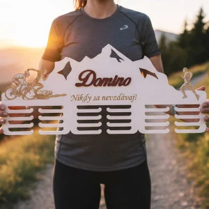 80cm wooden medal hanger with laser engraving and name - Domino 2