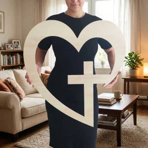 Church decoration heart with cross 65cm