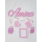 5 hanging wooden name plaques