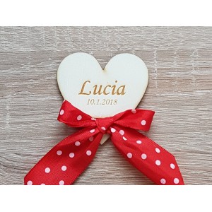 Wooden pram brooch with the name-heart